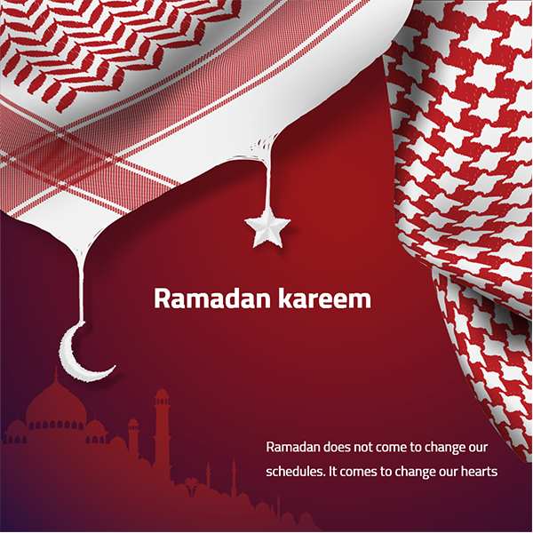 Ramadan Kareem Islamic vector greeting banner background Arabic scarf on silhouette mosque