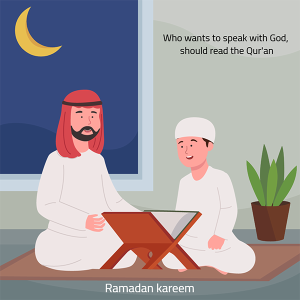 Ramadan Kareem Arabian Father Teach Son Quran In Home Cartoon Illustration