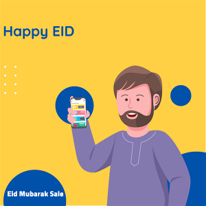 Eid Mubarak sale with cartoon man social Media ads template 