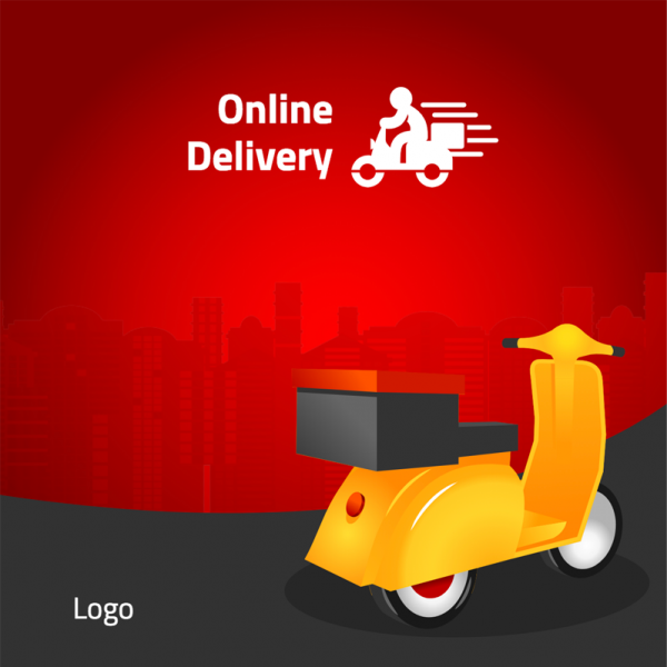 Yellow Delivery Motorcycle with red background social media post design template