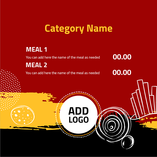 Facebook post with a red and black background and  food shapes design