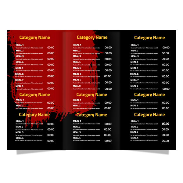 Online Arabic menu with a red and black background and  food shapes design 