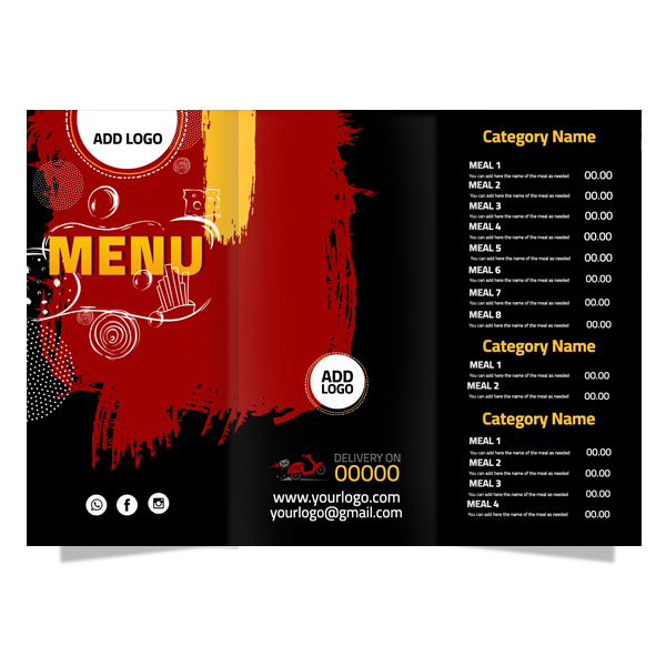 Online Arabic menu with a red and black background and  food shapes design 