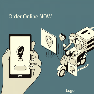 Order by Mobile and delivery man dark blue Facebook post design