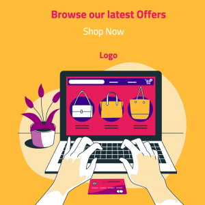 Order online by laptop with orange background post design