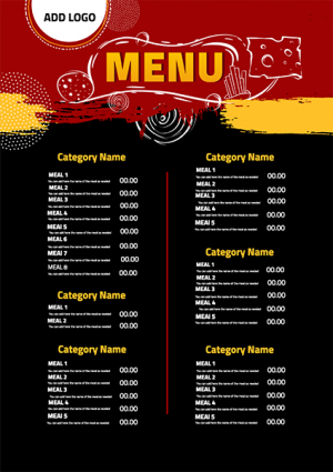  Arabic menu with a red and black background and  food shapes design 