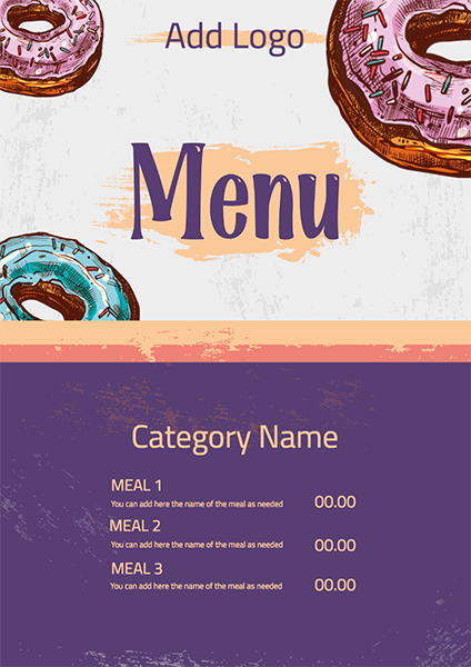 Beautiful dessert shop menu with donuts A4 size