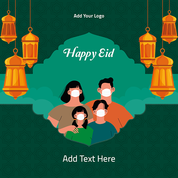 Happy Eid social media post design with characters wear mask
