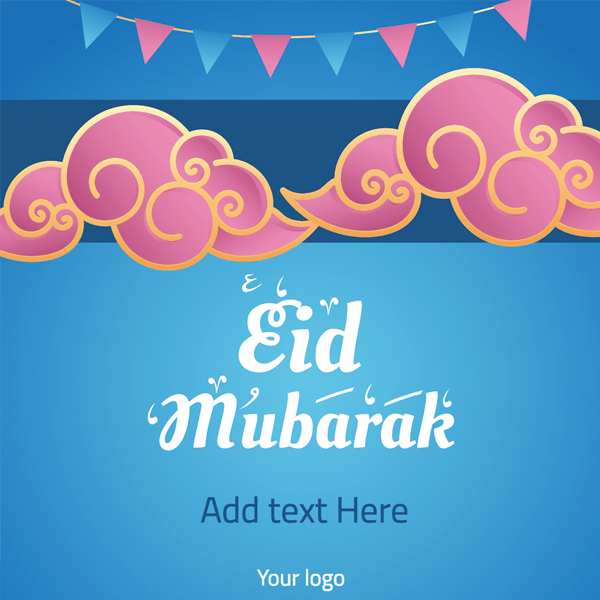 Eid Mubarak post design with pink clouds and blue background