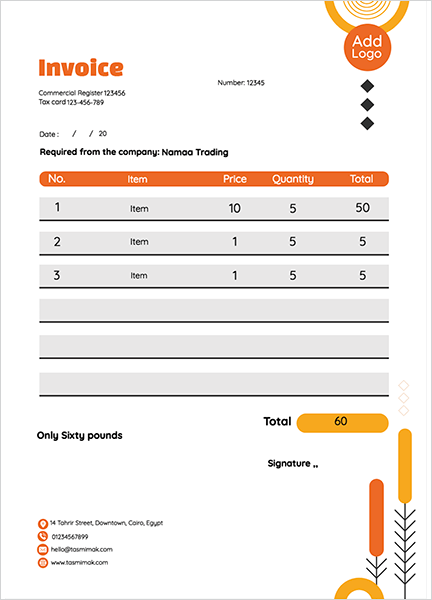 Invoice template with orange and yellow geometric shapes