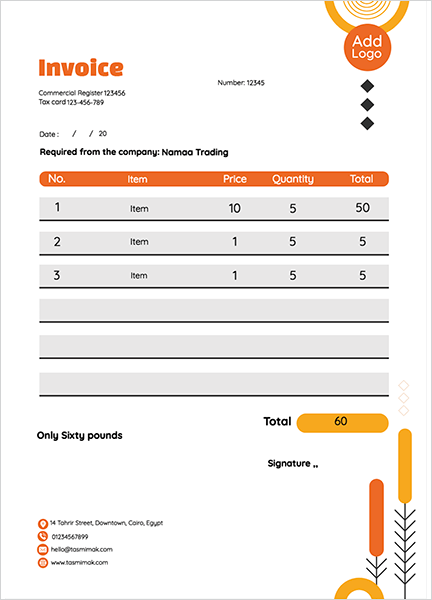 نموذج فاتورة انجليزي | عربي مع أشكال هندسية برتقالي وصفراء