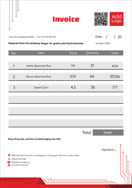 Simple Bill | Invoice Template With QR Code And Red color