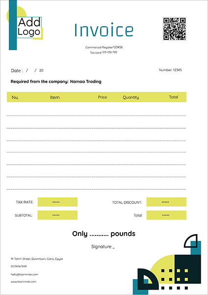 Creative QR Code Invoice Template with yellow shapes