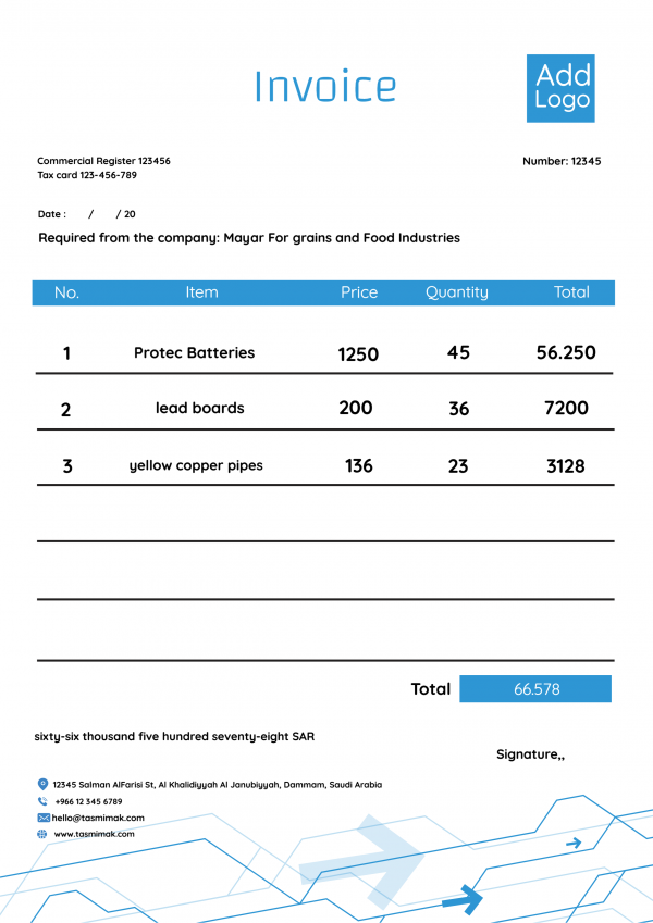 Invoice design template online with blue geometric shapes 