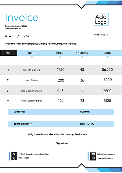 Sale Invoice design template with blue color 