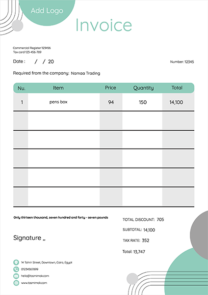 Simple invoice template with mint green color