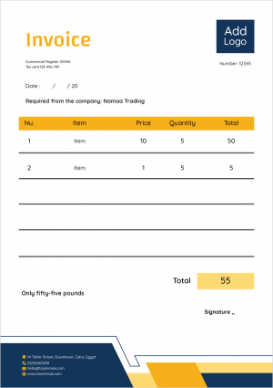 Blank invoice template design with yellow and dark blue 