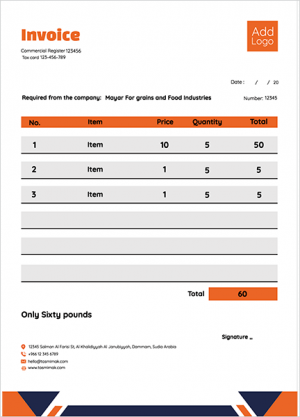 تصميم نموذج فاتورة مخصص مع اللون البرتقالي