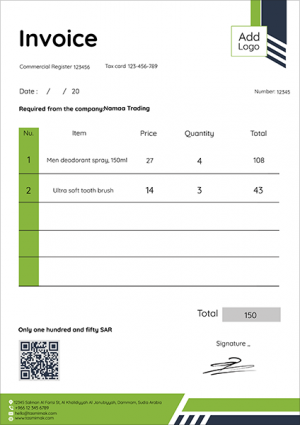 تصميم فاتورة محل | مبيعات مع باركود و أشكال هندسية خضراء