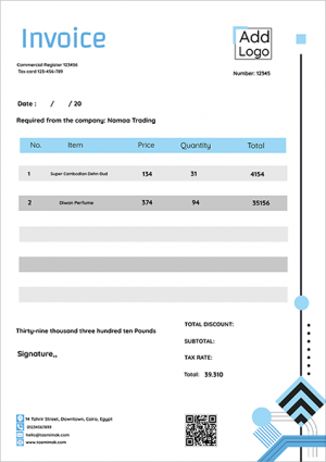 فاتورة بها باركود مع اشكال هندسية باللون الاسود و الازرق 
