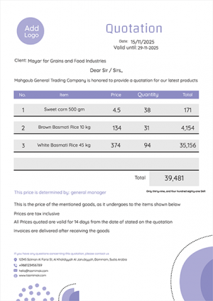 Service quotation template with purple color
