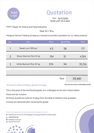نموذج عرض أسعار بالانجليزي | عربي مع اللون البنفسجي 