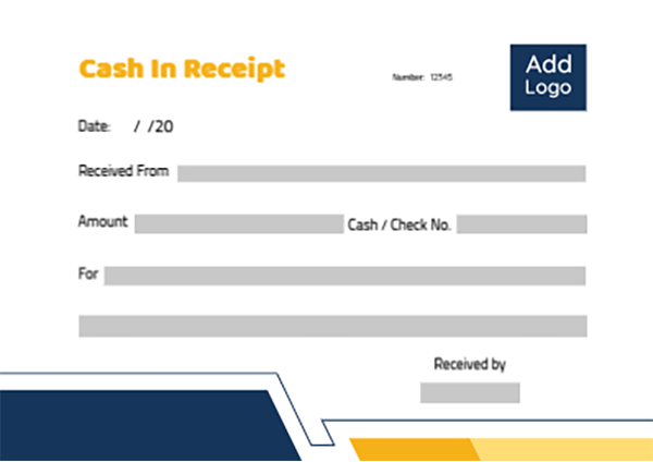 Cash in receipt online template with yellow and dark blue