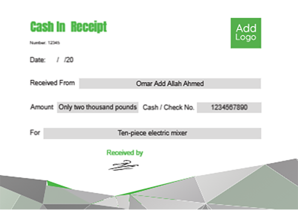 Cash in receipt template design ideas with green color