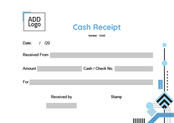 Cash receipt with different black and blue geometric shapes