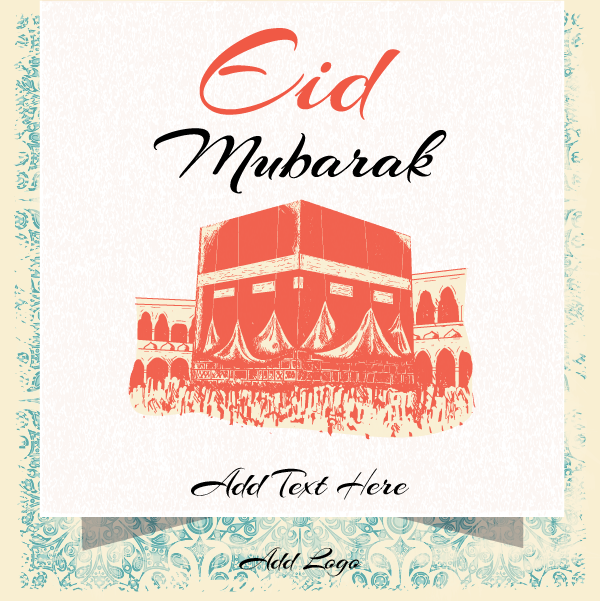 Eid Mubarak Post Design with Kabaa Orange Illustration