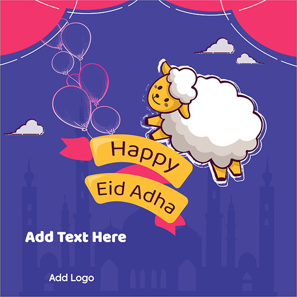 تصميم بوست فيس بوك عيد أضحي سعيد مع رسم خروف وبالونات