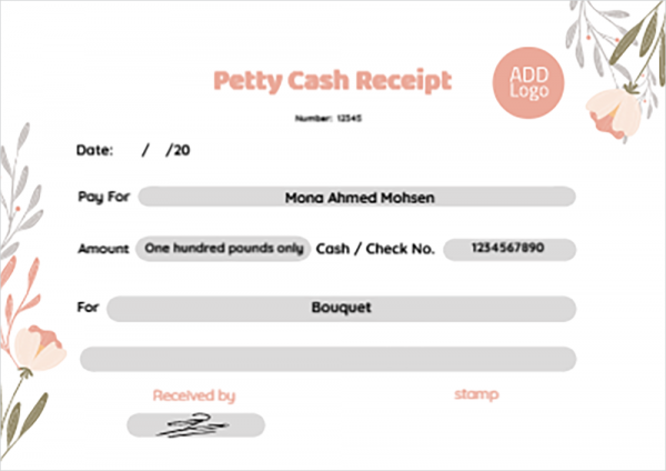 Download petty cash receipt with pink roses editable 