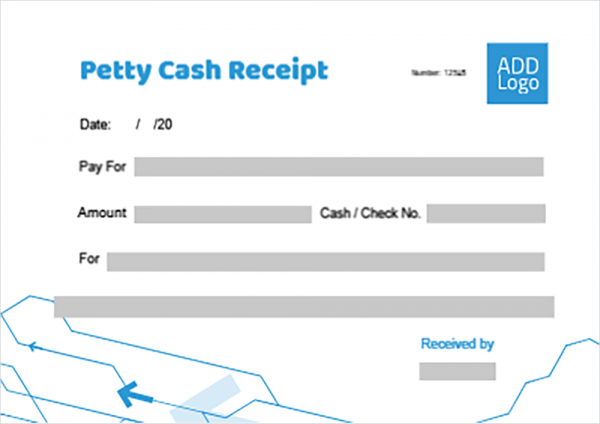 Petty cash receipt voucher template with blue geomatric shapes 