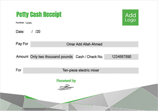 Petty cash receipt template design ideas with green color