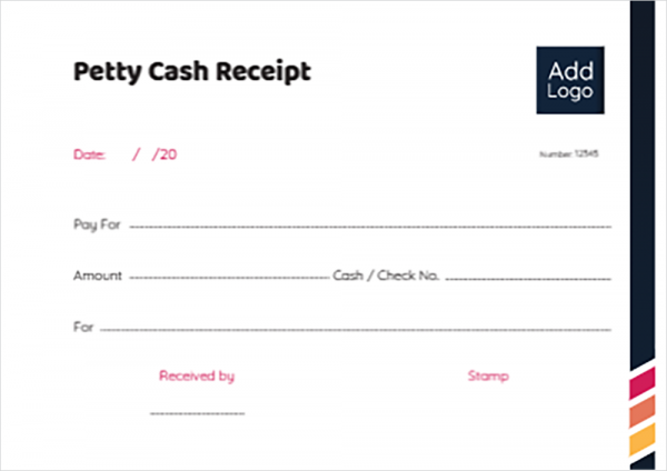 Petty cash receipt template with dark blue and pink color