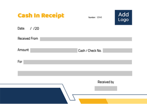 Cash in receipt online template with yellow and dark blue