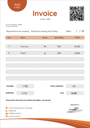 تصميم نموذج فاتورة فارغة باللون برتقالي مع باركود