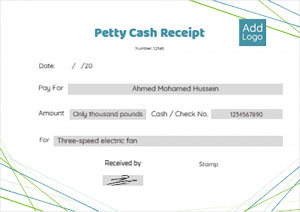 Custom petty cash receipt design with green and blue colors
