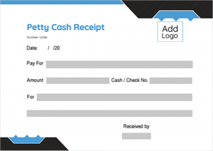 Blank Petty Cash Receipt template with black and blue colors
