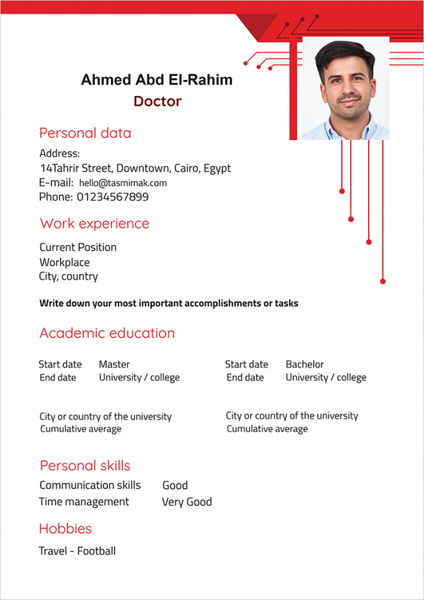 Curriculum vitae sample | form with geometric red shapes