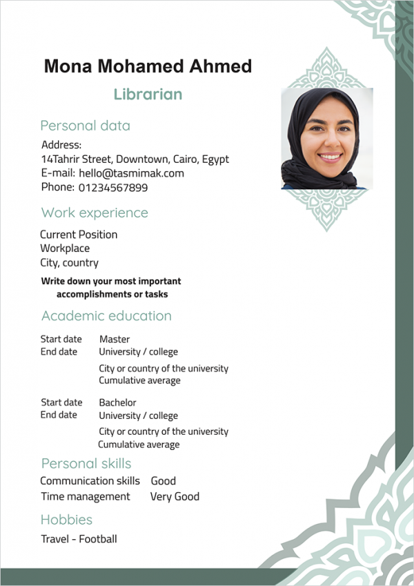 Make CV format with elegant shapes and dark green color