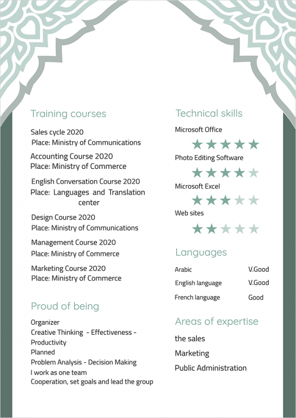 Make CV format with elegant shapes and dark green color