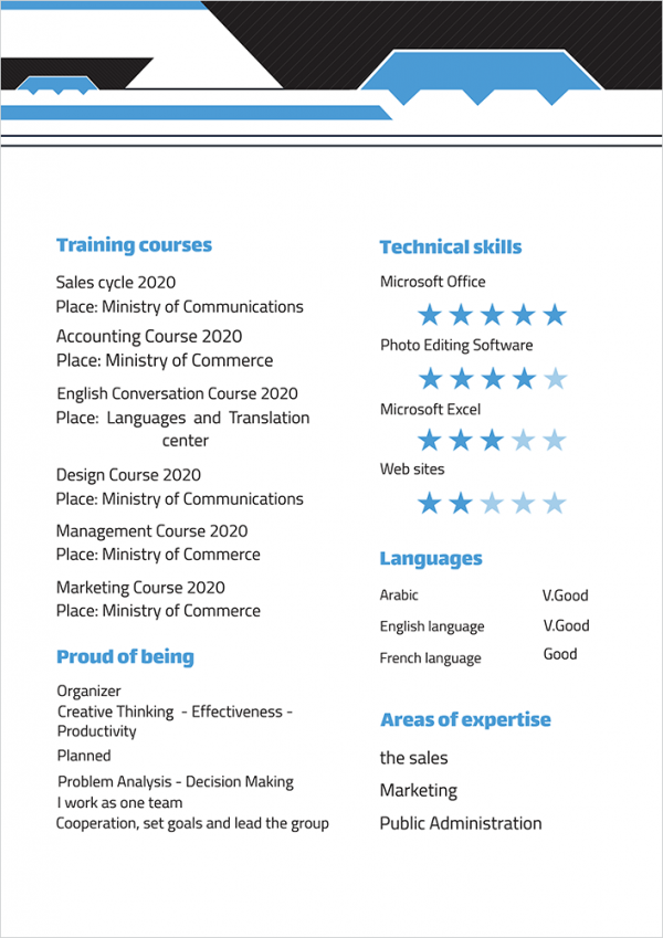 Professional CV sample easily editable with blue color 