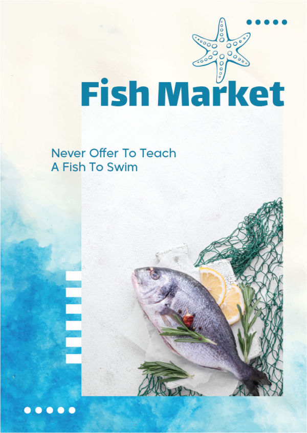 Fish market poster design template with sea star and fish