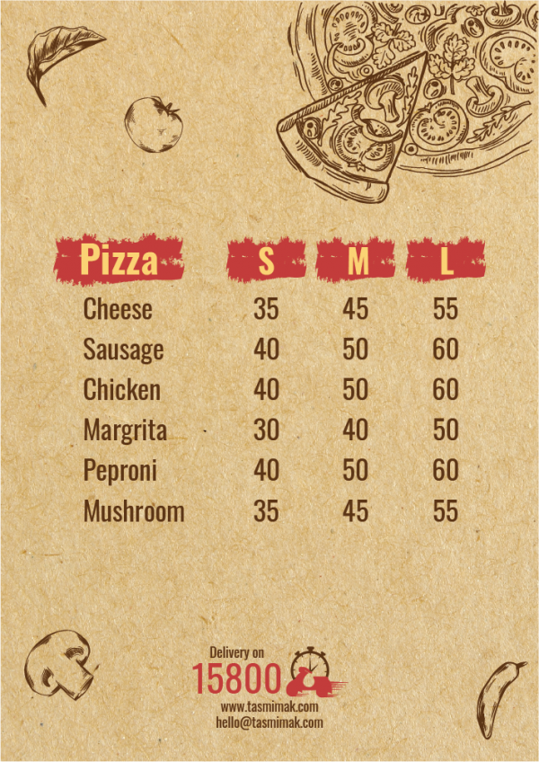 Pizza menu design template with vegetables illustration 