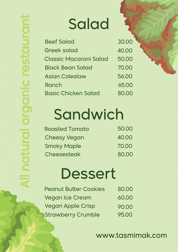 Organic food restaurant editable menu template 