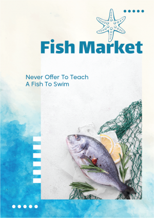 Fish market poster design template with sea star and fish