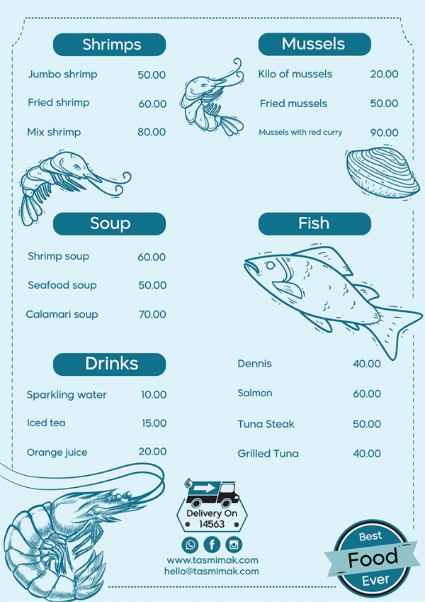 Seafood restaurant menu template with fish | shrimp vector