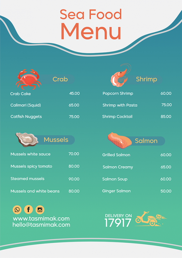 Seafood restaurant menu template with seafood vectors