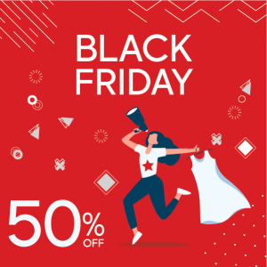 Black Friday sale with woman shopping character set post 